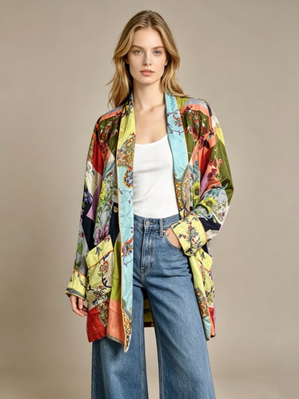 NWOT Johnny Was 100% Silk Floral Patchwork KIMONO Floral Jacket Coat Boho Sz S